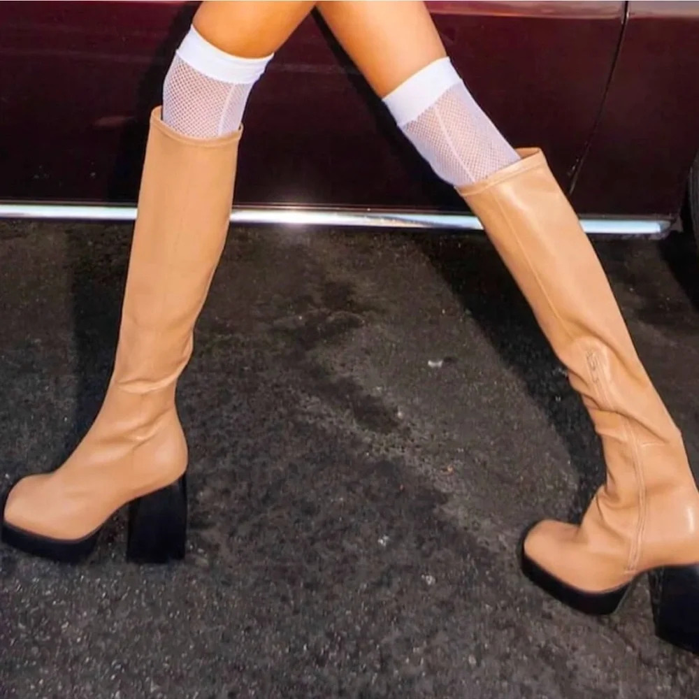 Jeffrey Campbell Dauphin Over The Knee Tan Boots Square Toe Platform Heel 8.5 - Picture 13 of 13